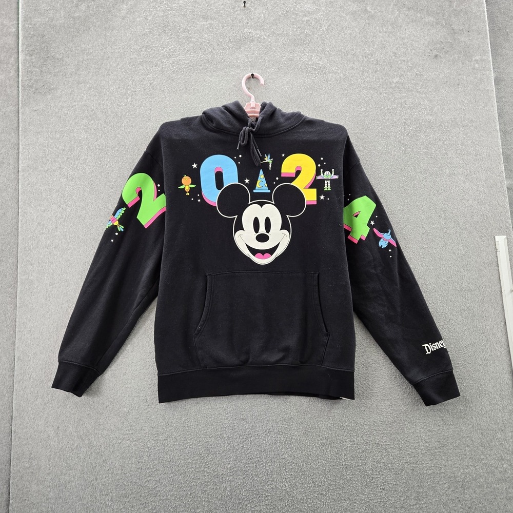 Disney Parks Men Hoodie M‎ Black Graphic Fleece Mickey Mouse Pullover Logo